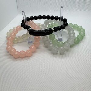 Set of Five Beaded Bracelets in Black, Pink, White, Cream and Green